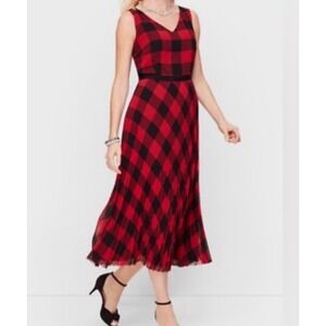 Talbots Red Black Buffalo Plaid Pleated Midi Dress Sleeveless V-Neck Size 8